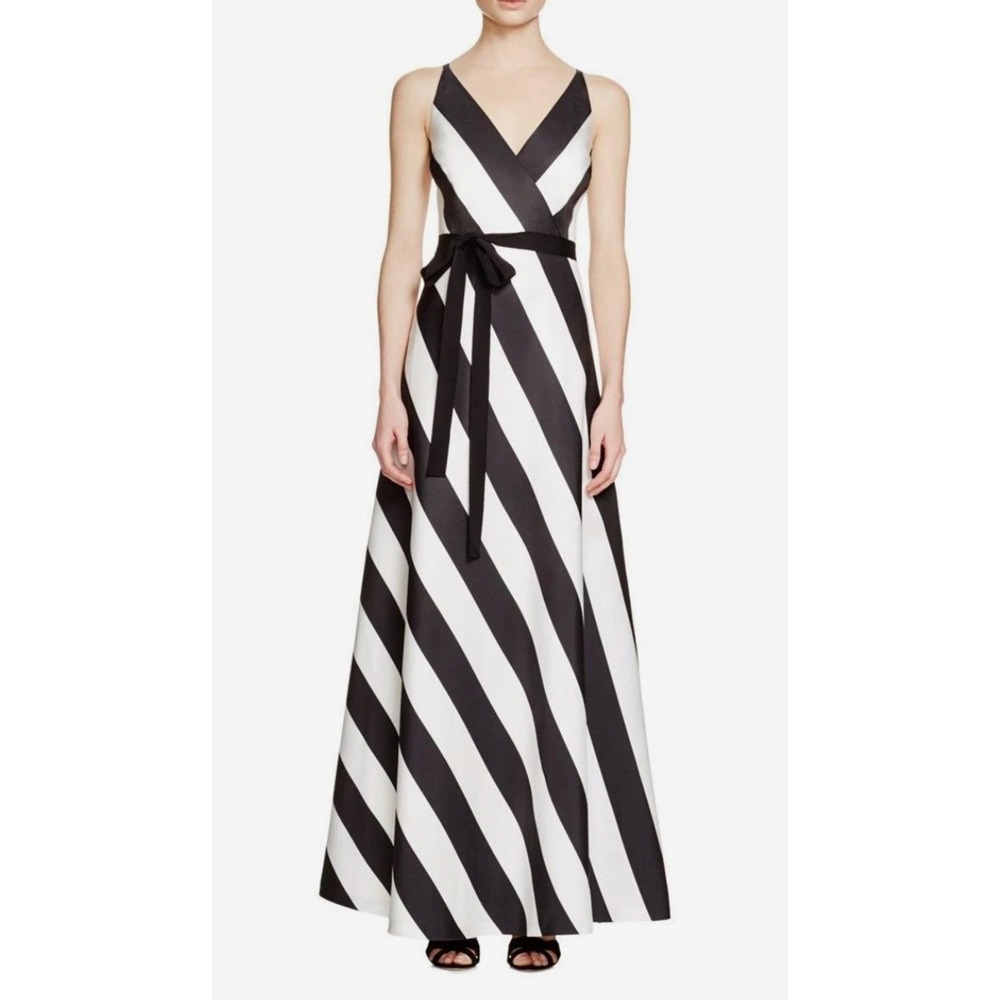 Phoebe Black White Striped V-Neck Maxi Gown Formal Evening Dress Size 8